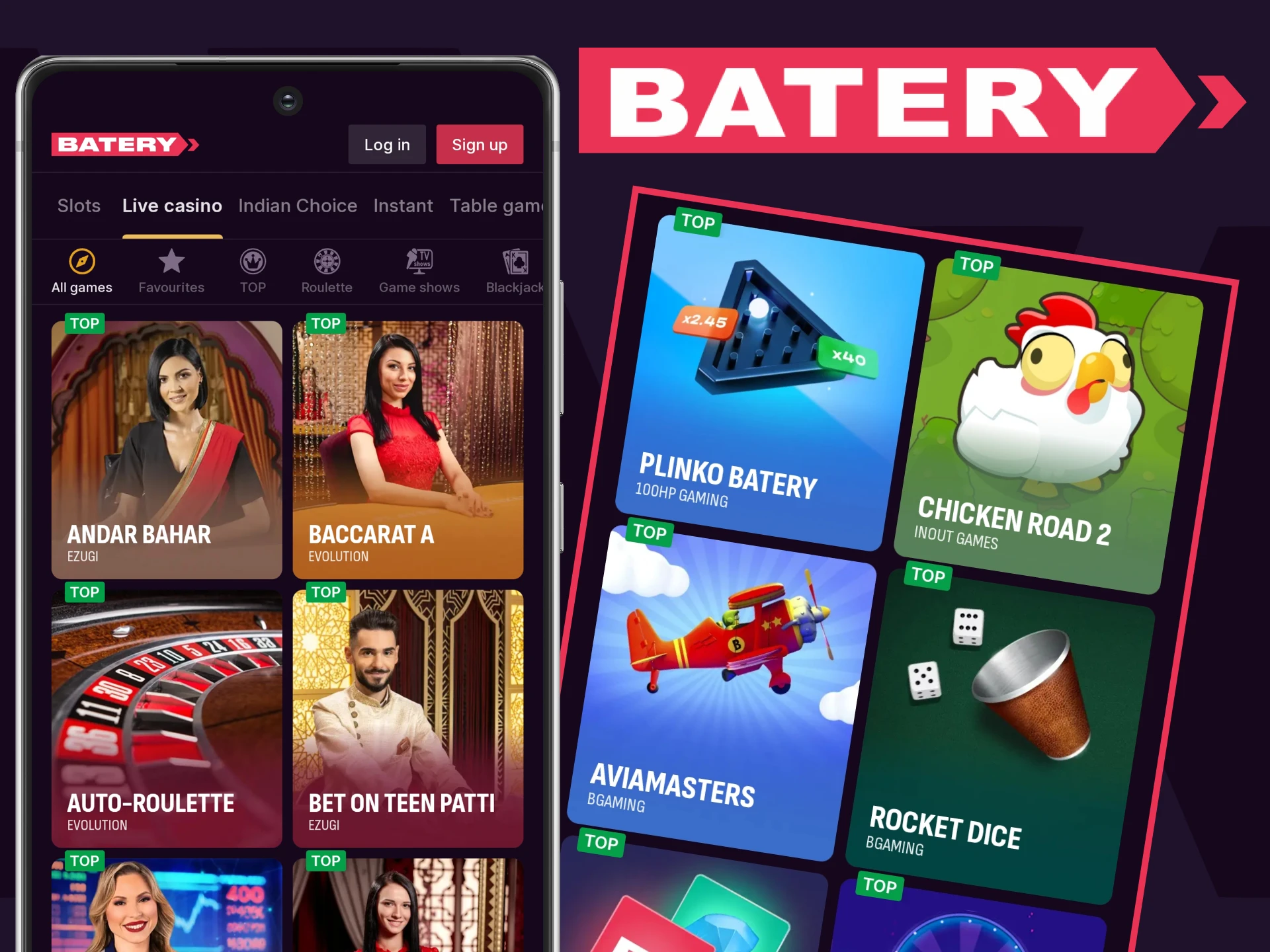 Play casino games with the Batery app.