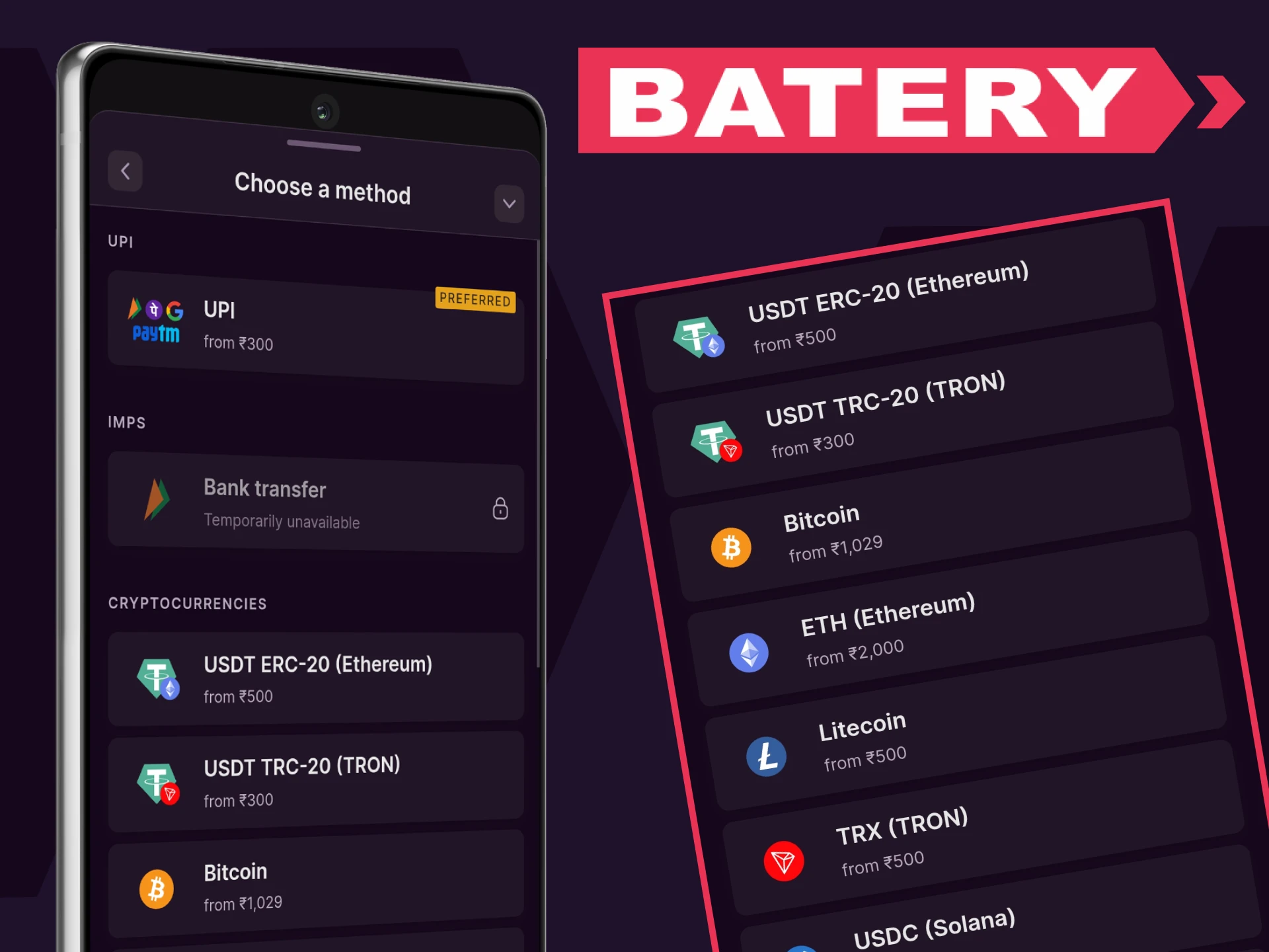 You will find many convenient payment methods in the Batery application.