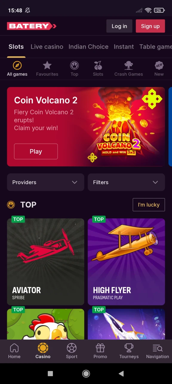 Visit the casino section of the Batery app.