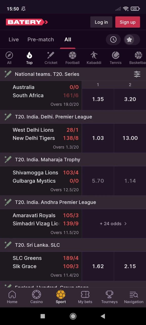 Visit the sports section of the Batery app.