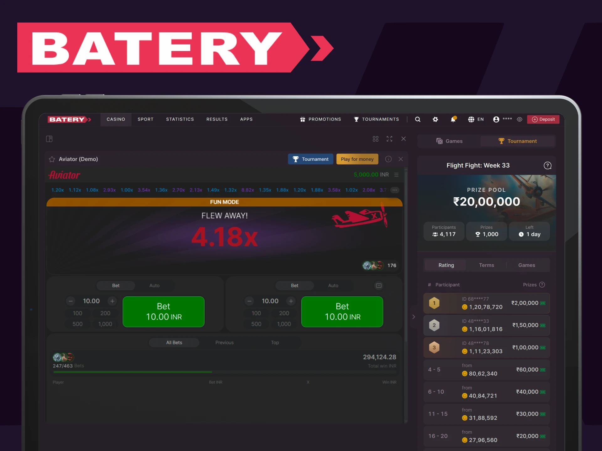 Find Aviator in the casino section of the Batery website.