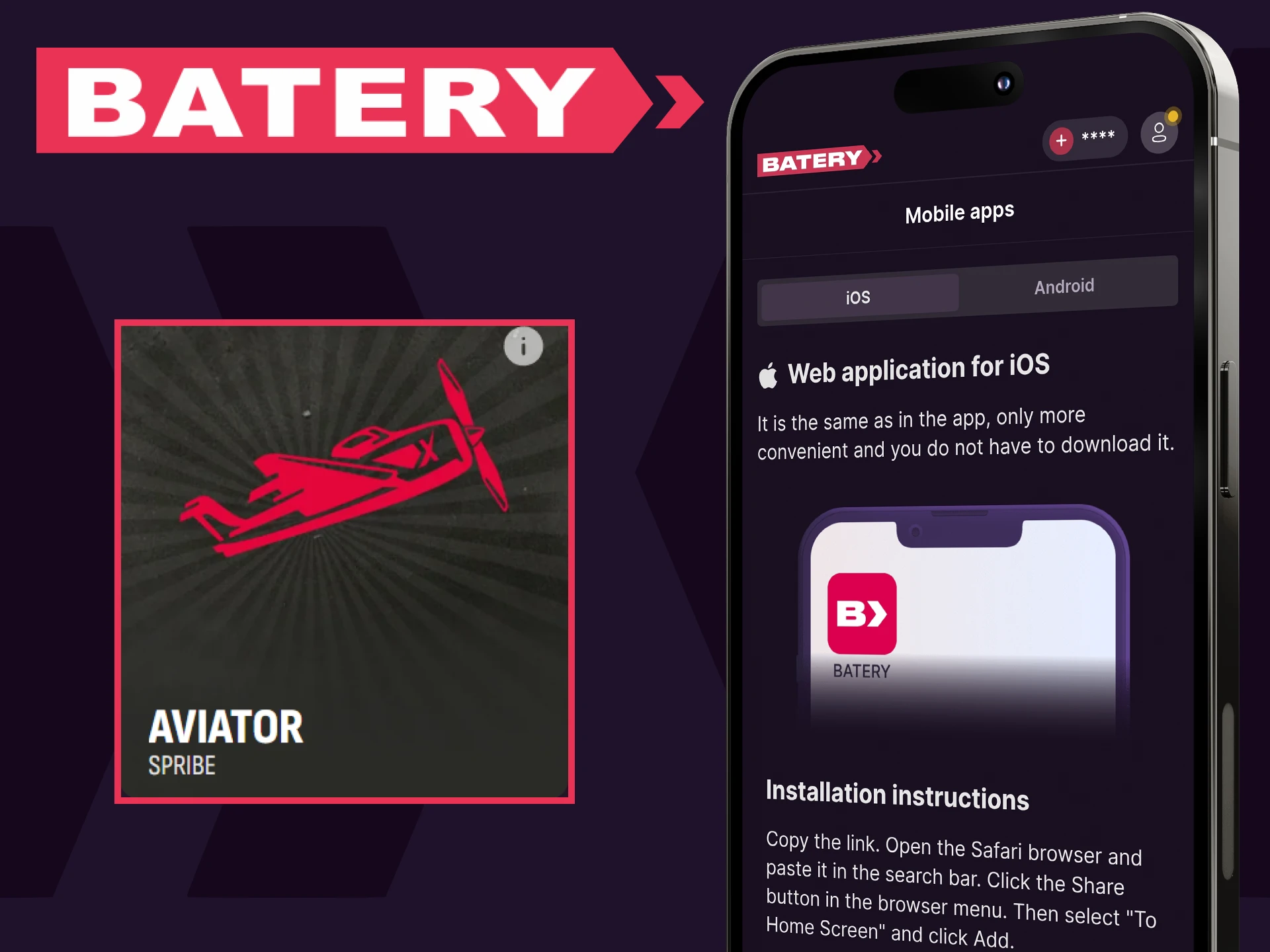 Download the Batery app to play Aviator on iOS.