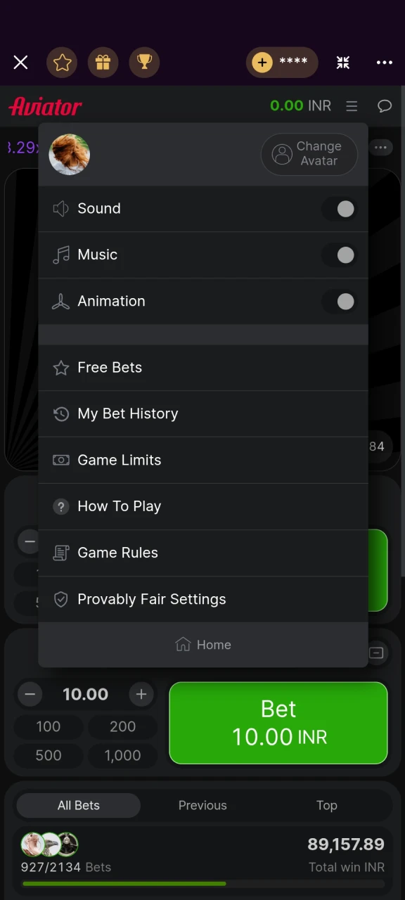 In the game Aviator on Batery you can use the menu.