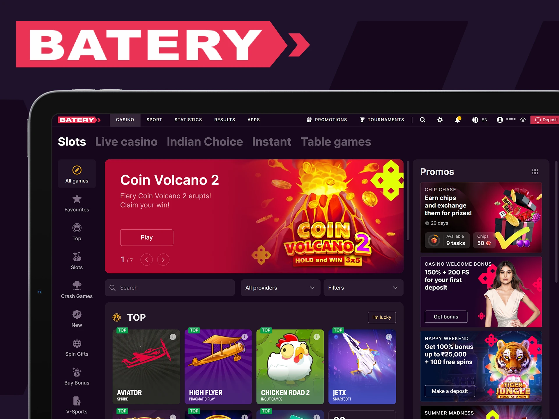 On the Batery website home page, go to the casino section to start playing games.