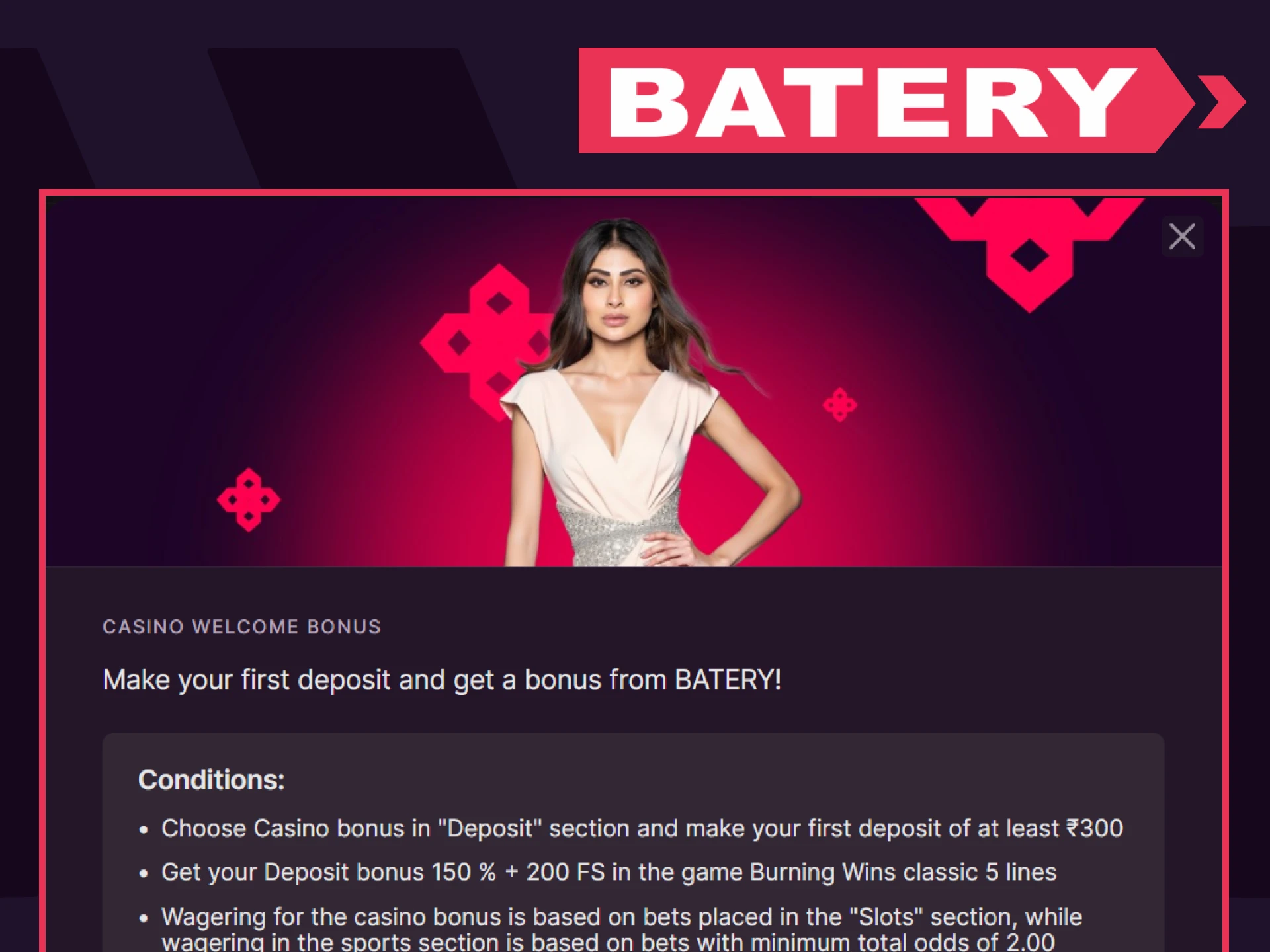 Get a welcome bonus for casino games on Batery.