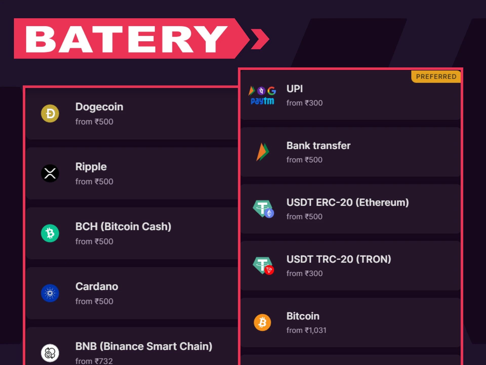 On the Batery website you will find many methods for replenishing your deposit.