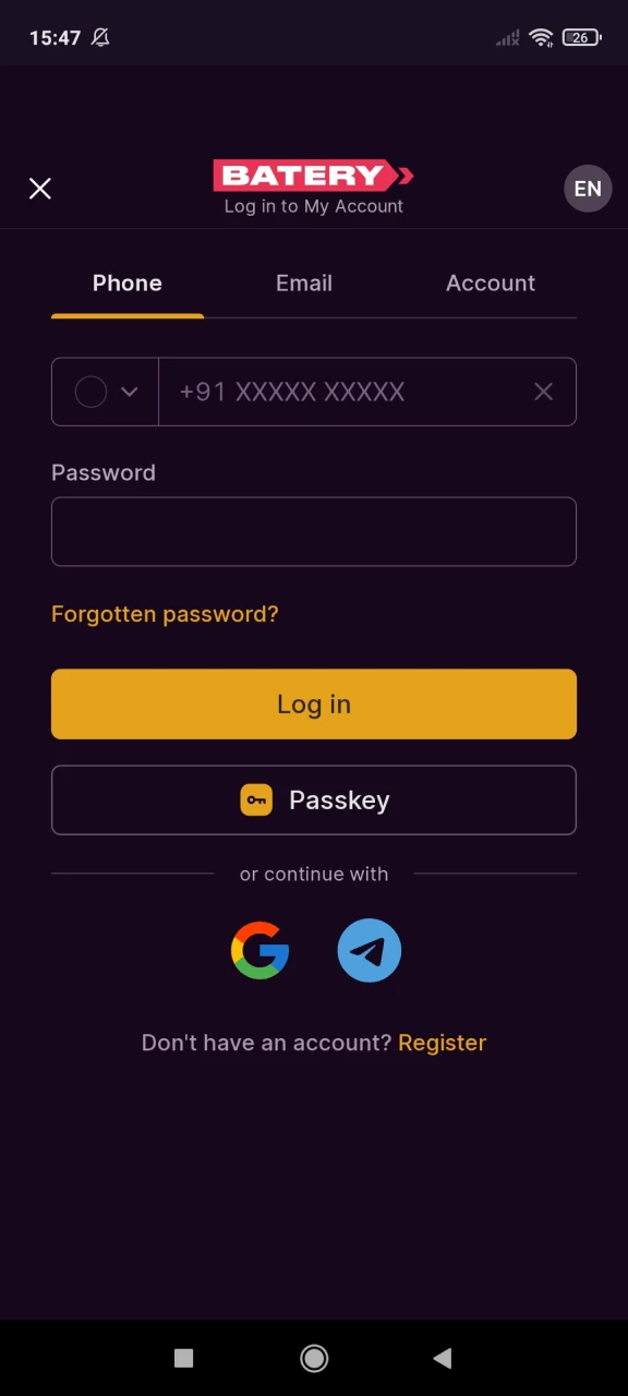 Login to your personal account to top up your deposit on Batery.