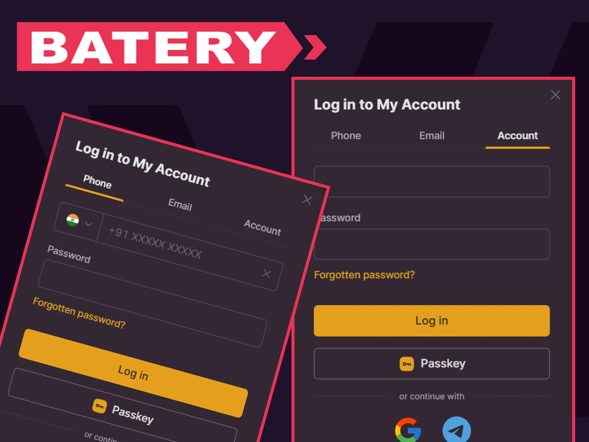 To play live casino games, you need to log in to your personal account on the Batery website.