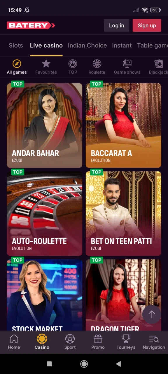 Go to the live casino section on the Batery website.