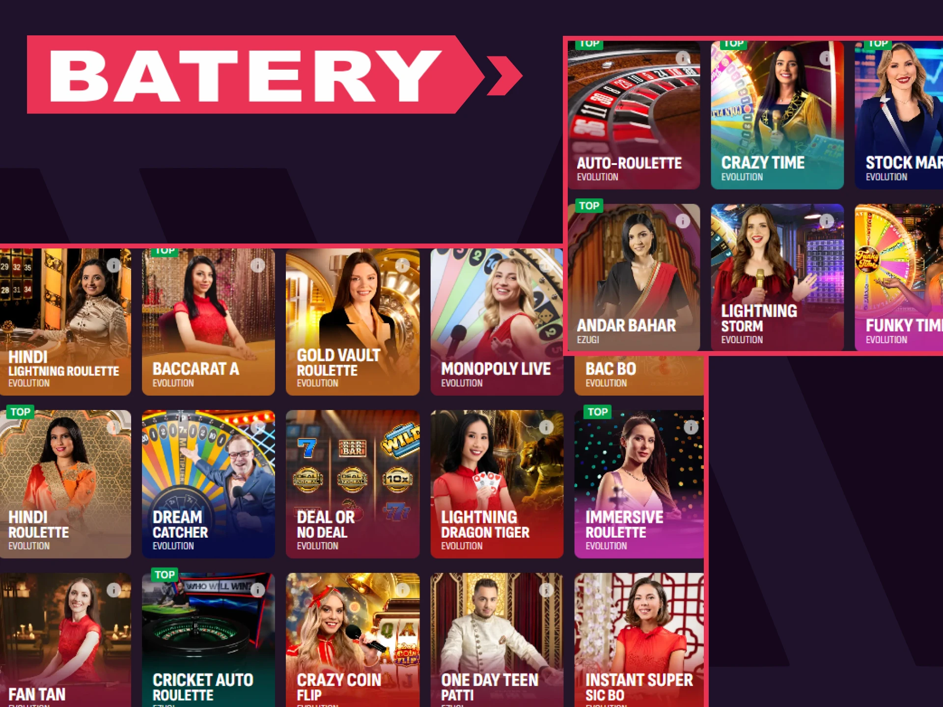 Visit the live casino section on the Batery website.