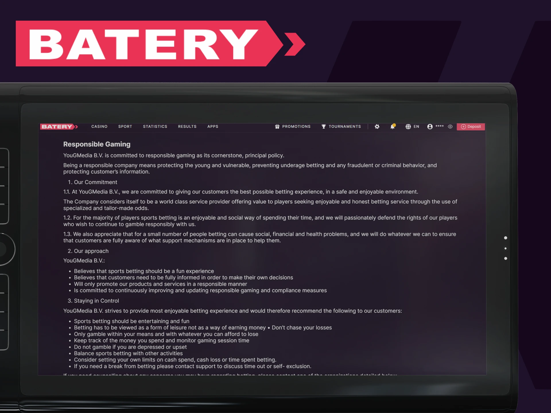 We advise you to be careful when playing and betting on the Batery website.