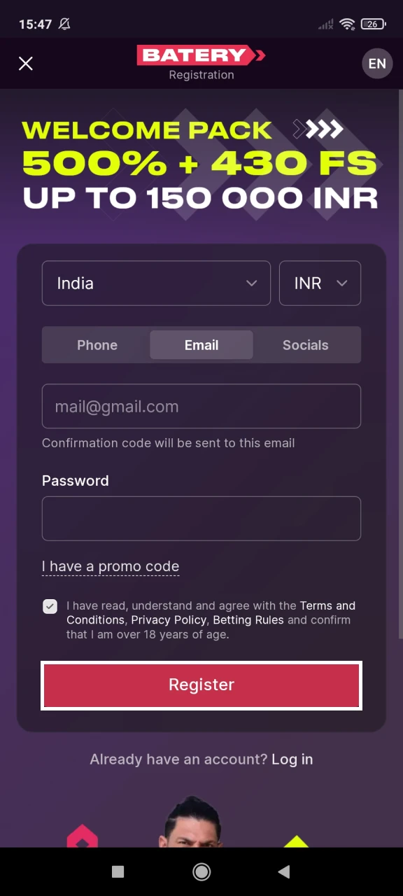 Complete registration on the Batery website.