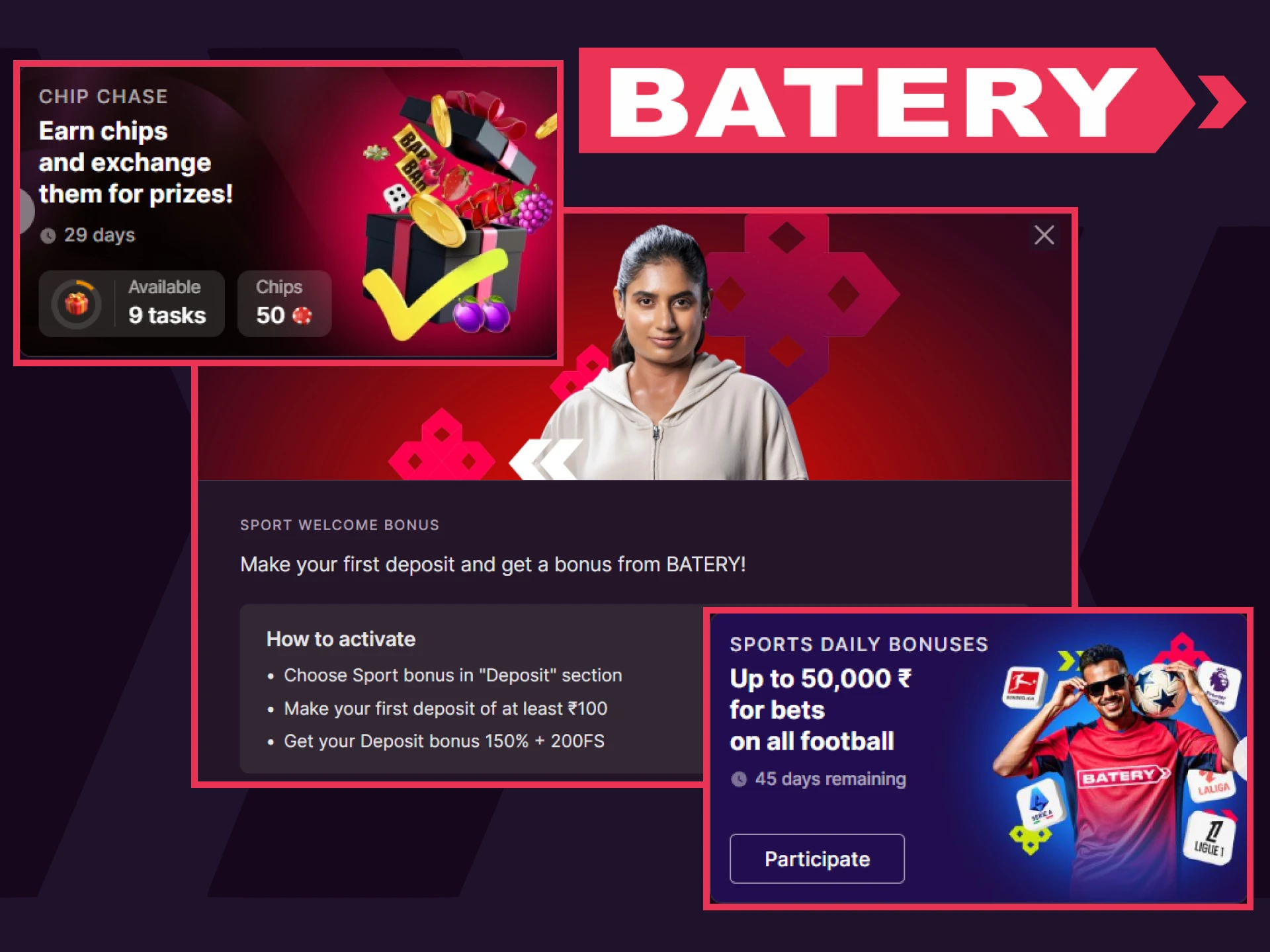 Batery gives bonuses to sports betting enthusiasts.