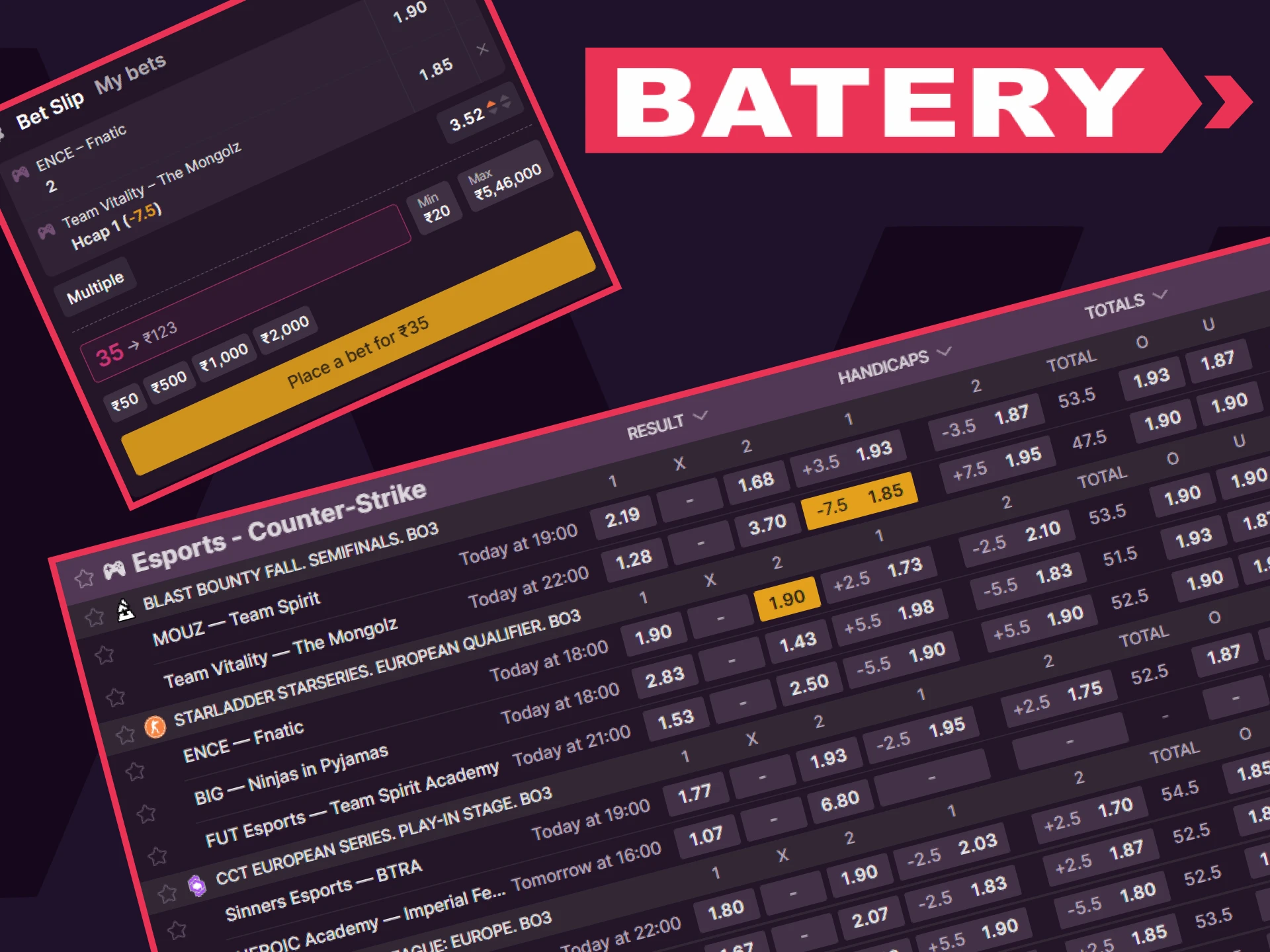 Go to the esports section of the Batery website to bet on CS2.