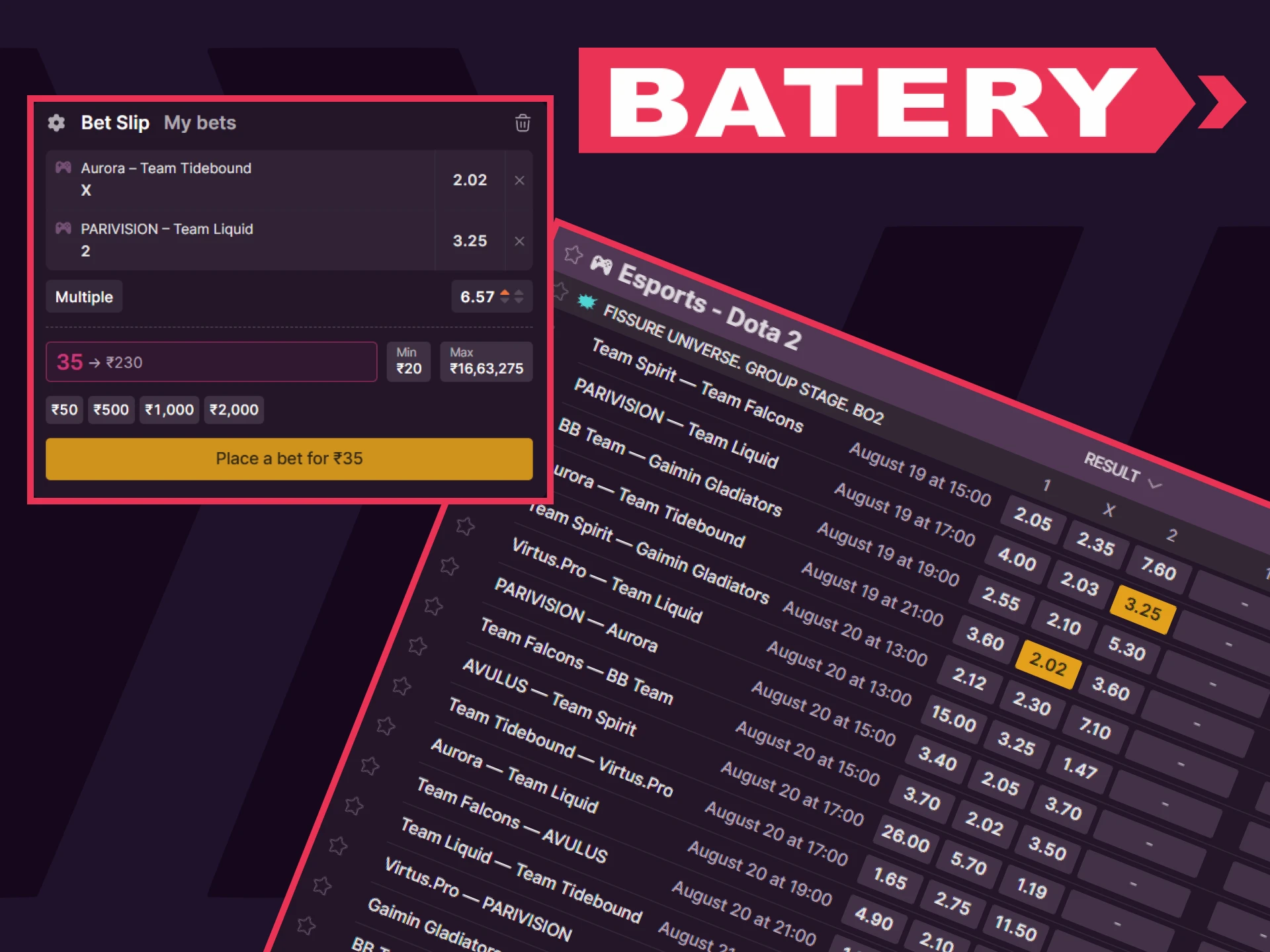 For esports betting from Batery we recommend choosing Dota2.