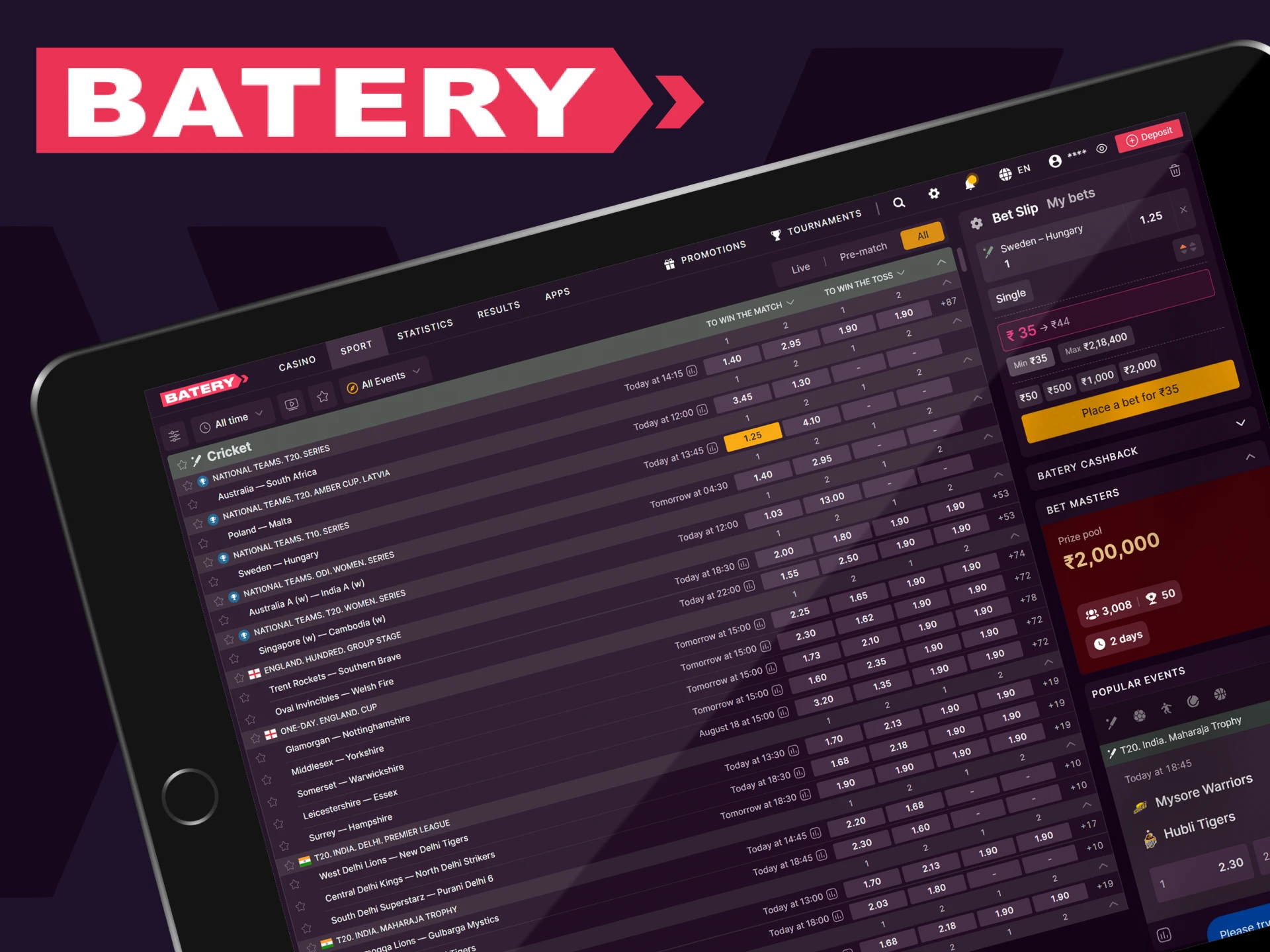 Go to the Batery sports section to start betting.