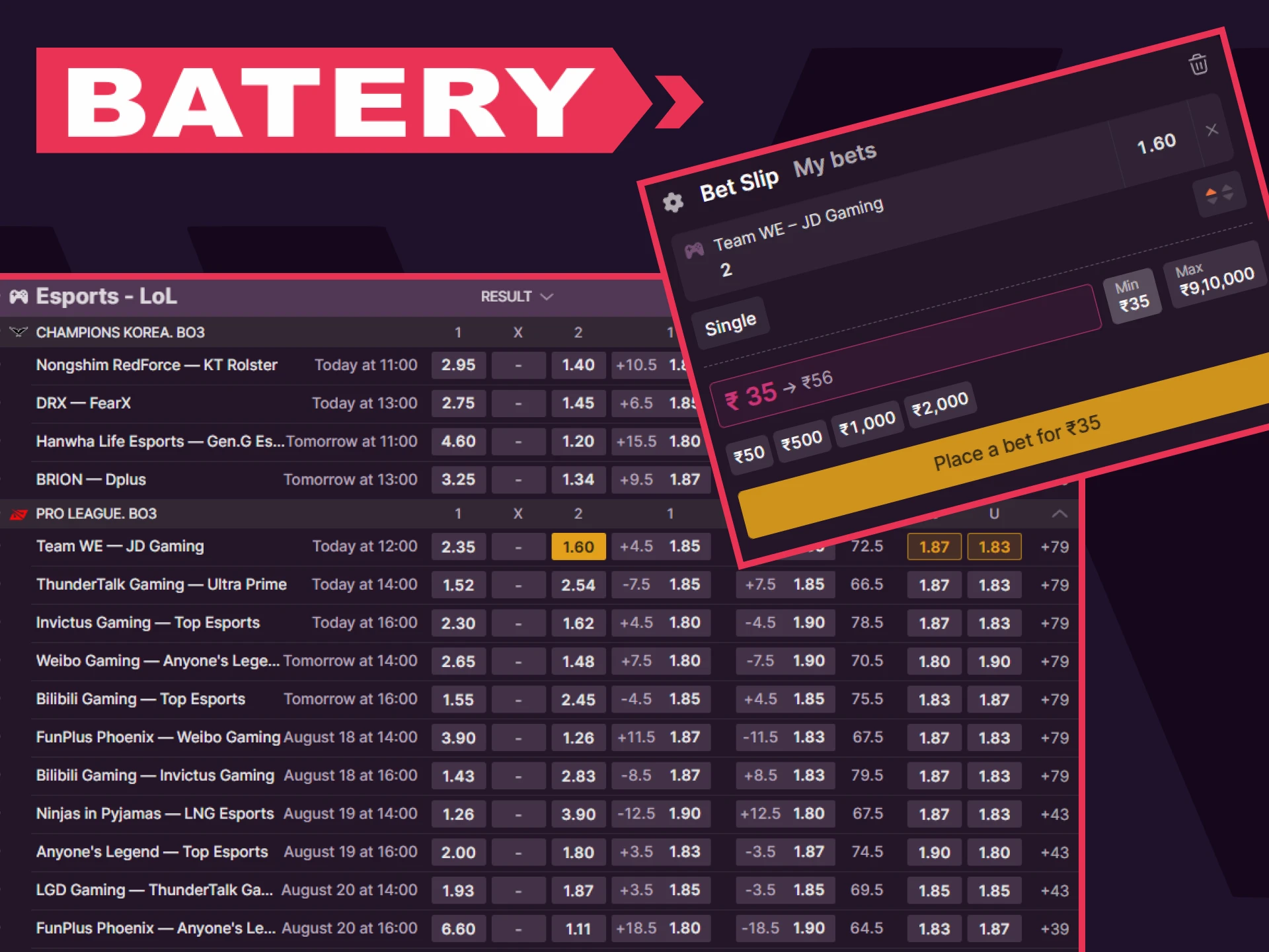 Place your bets on LoL with Batery.