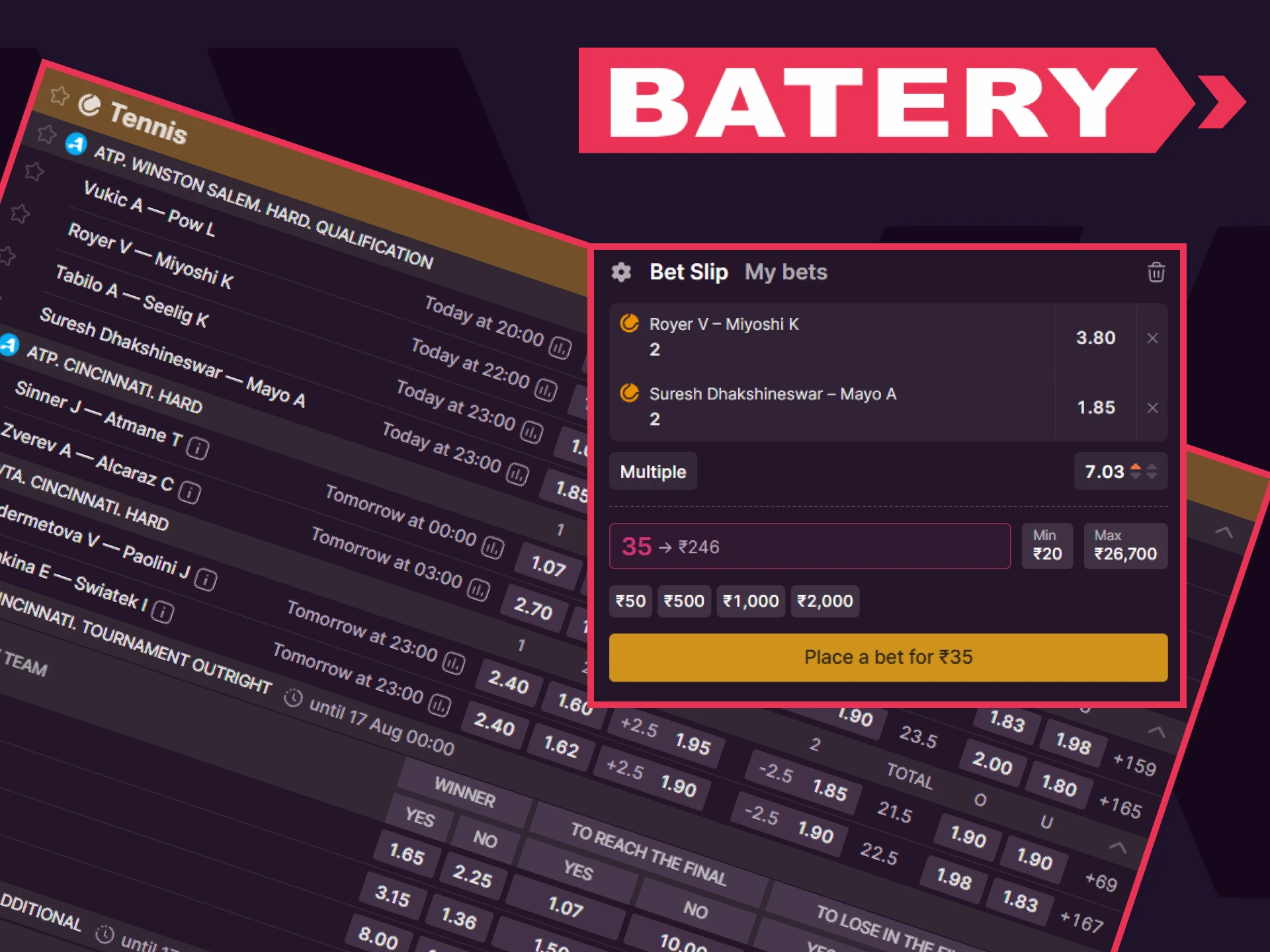 Place your bets on tennis with Batery.