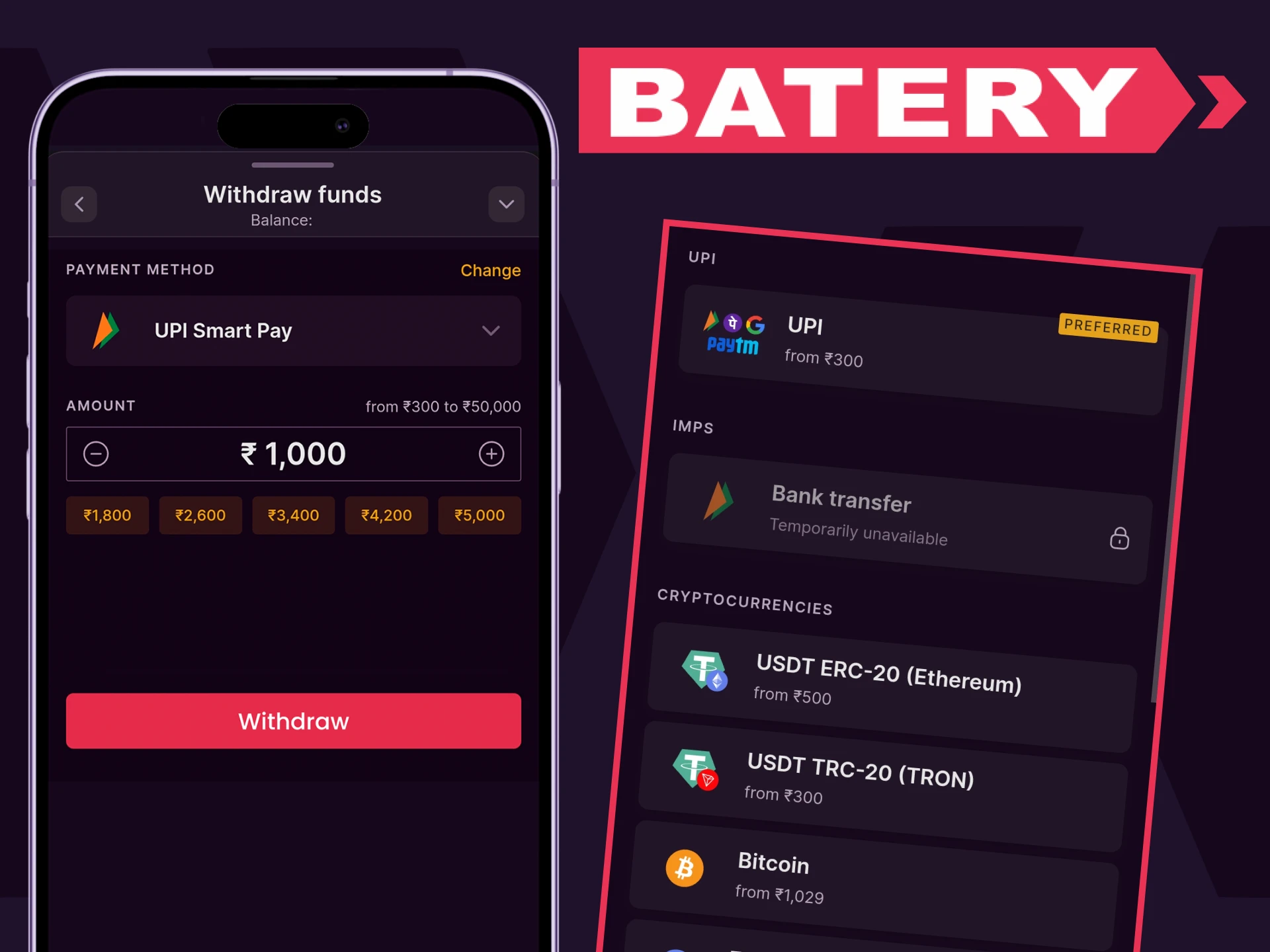 Use your phone to withdraw funds from Batery.