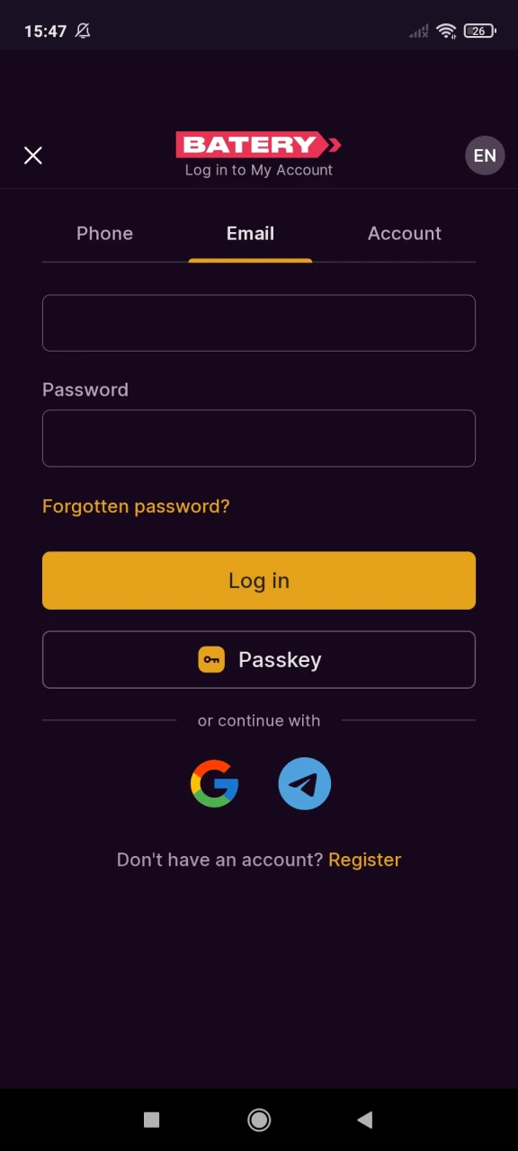 Log in to your personal account to withdraw funds to Batery.